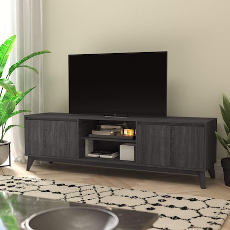 Flash Furniture Hatfield TV Stand in Black Wash for 65+ Inch TV's w/Adjust Center Shelf and Dual Soft Close Doors EM-TV1801-BK-GG